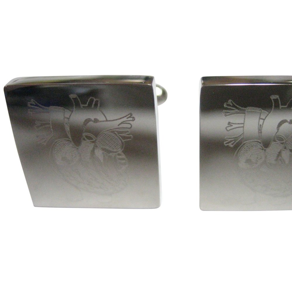 Silver Toned Square Etched Anatomical Heart Cufflinks
